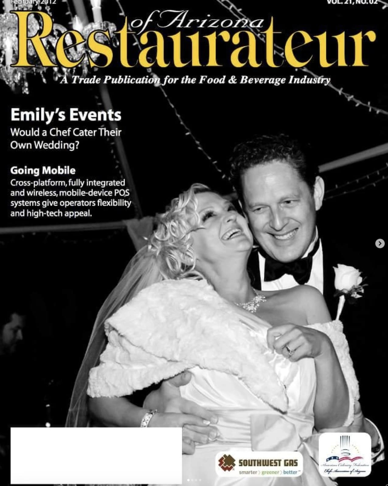 Cover of Restaurateur of Arizona, February 2012, featuring Emily and Rick Garner at their wedding